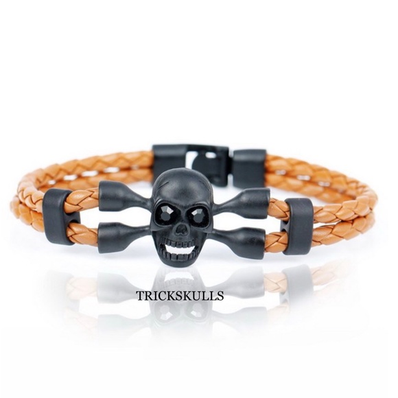 Womens Steel & Leather COFFEE Braided Skull & Crossbones Cuff Bracelet 8 1/4” in - Picture 9 of 10